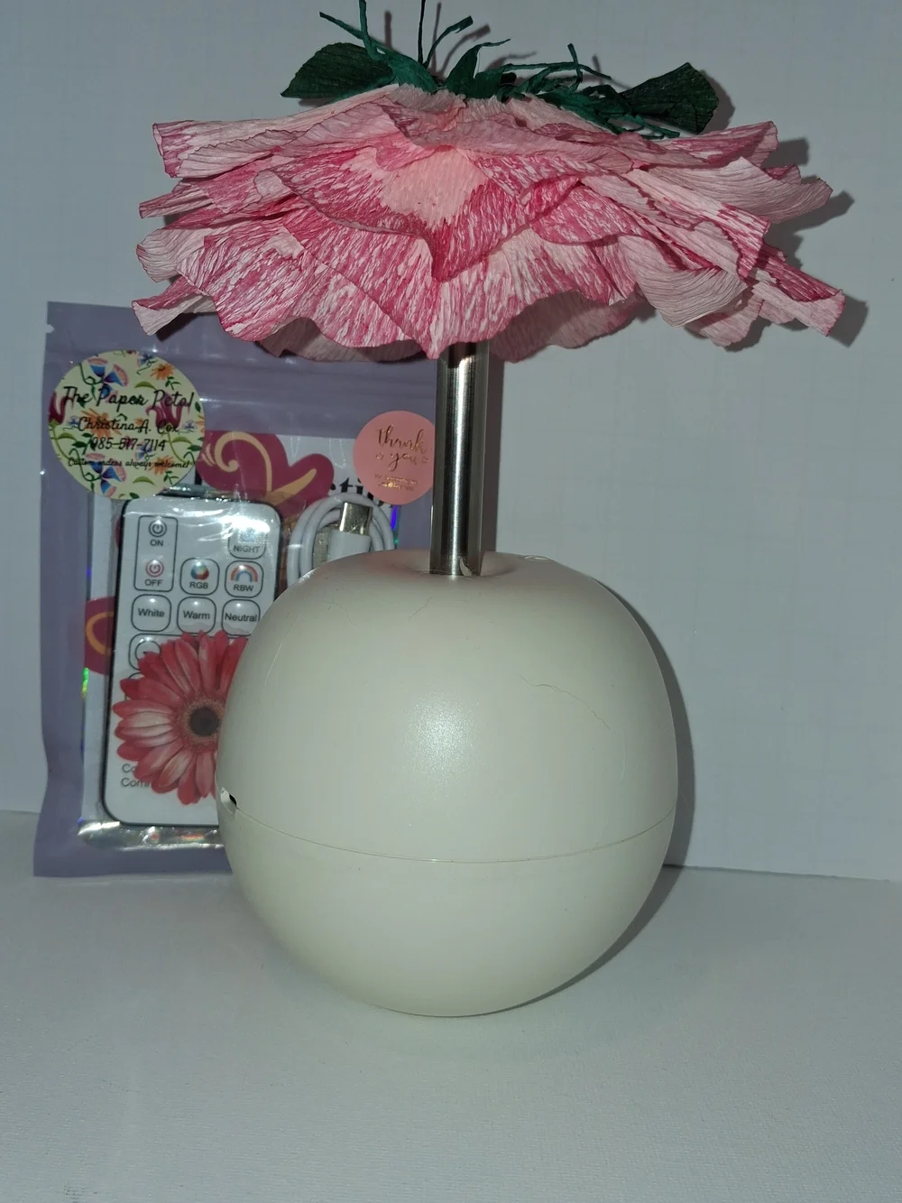 Pink Flower Table Lamp - Decorative Accent With Crepe Paper Flower- Handmade